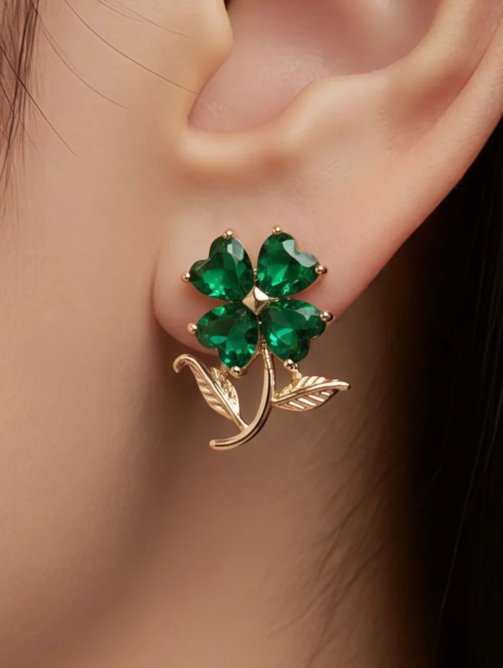 Lucky Four Leaf Clover Stud Earrings Green CZ Gold St Patrick’s Day Elegant NWT